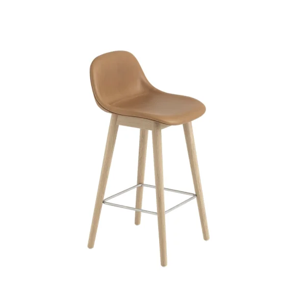 Muuto Tabouret de bar Fiber avec dossier 65 cm Cuir refine cognac-pieds en chêne