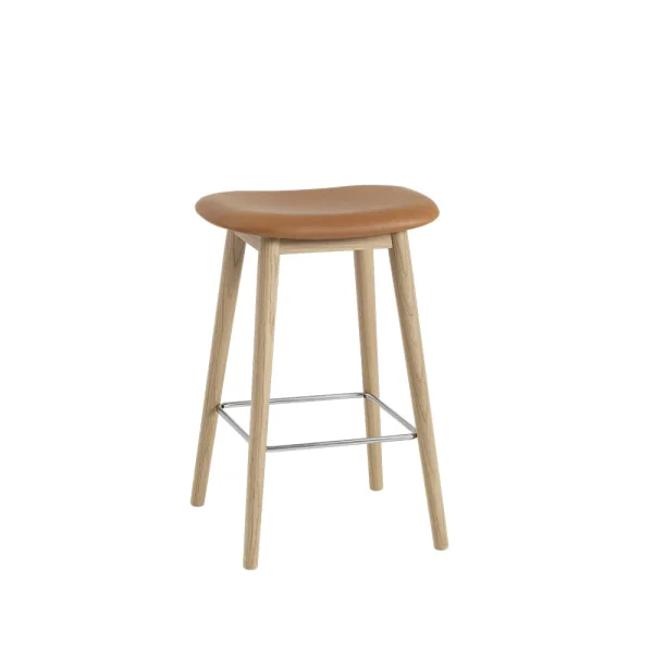 Muuto Tabouret Fiber counter 65 cm cuir cognac, pieds en chêne