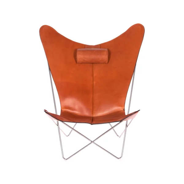 OX Denmarq Fauteuil papillon KS Chair cuir noisette, support en acier inoxydable