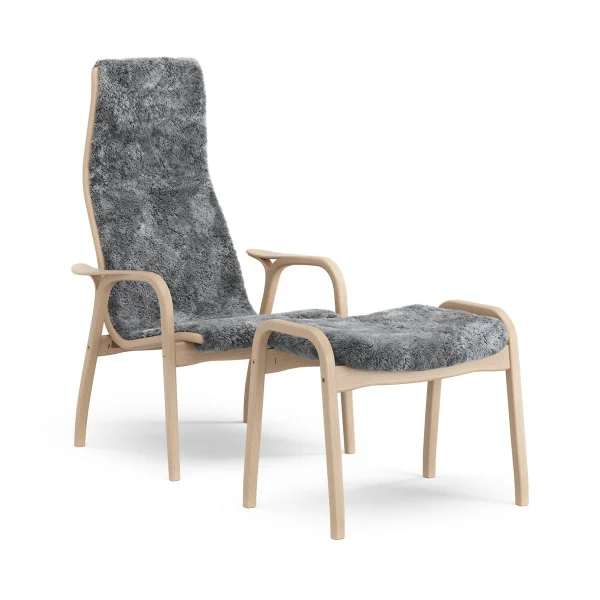 Swedese Fauteuil et repose-pieds Lamino hêtre laqué/peau de mouton Scandinavian Grey (gris)