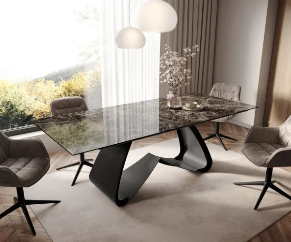Table à manger Edge 180-220x100 céramique Laminam® Emperador Extra Lucidato marron foncé cadre en W noir extensible