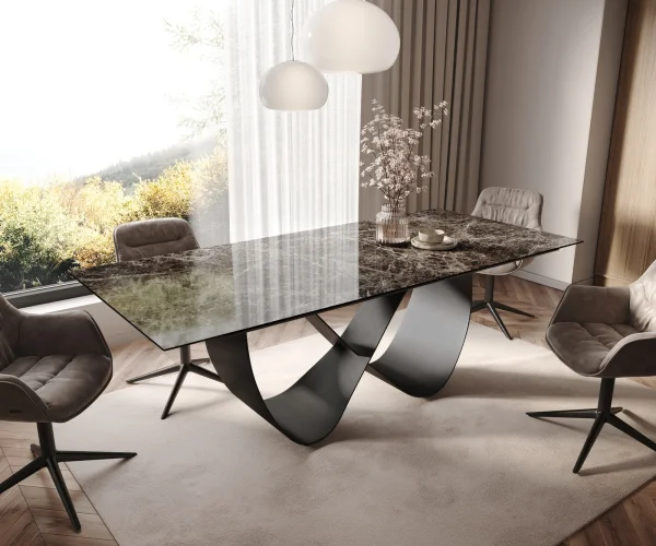 Table à manger Edge 180-220x100 céramique Laminam® Emperador Extra Lucidato marron foncé Infinity métal noir extensible