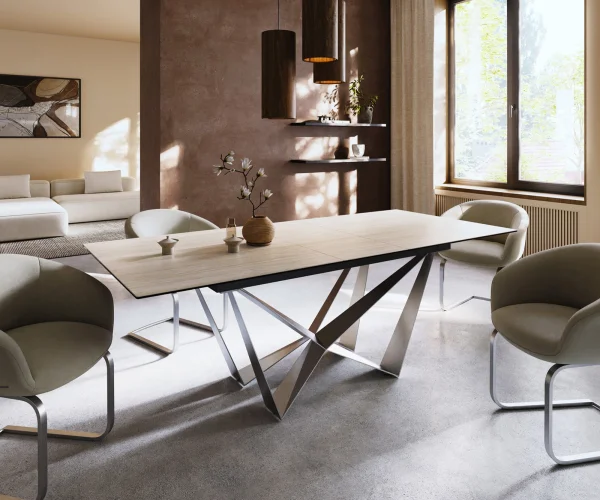 Table à manger Edge 180-220x100 céramique Laminam® Travertino Bianco crème-blanc Spider acier plat acier inoxydable extensible