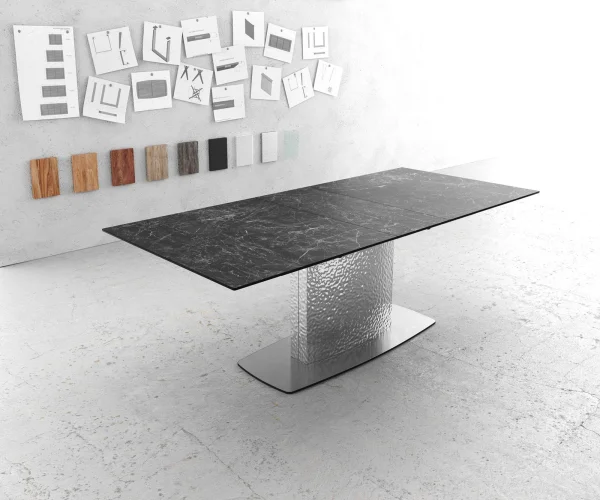 Table à manger Edge 180-220x100 céramique Laminam®Nero Greco gris Wave acier inoxydable extensible