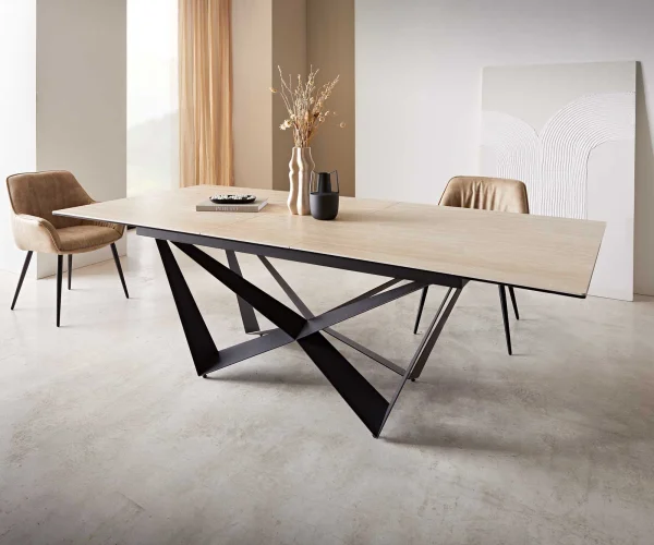 Table à manger Edge 180-220x100 céramique Travertin nature Spider acier plat noir extensible