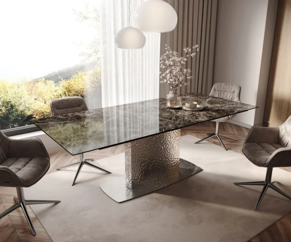 Table à manger Edge 180-220x100 Laminam® Emperador Extra Lucidato Marron foncé Wave Acier inoxydable extensible