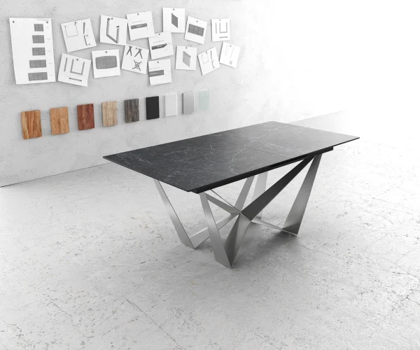 Table-à-manger Edge 180-220x100cm Laminam® céramique gris pieds milieu acier plat argent