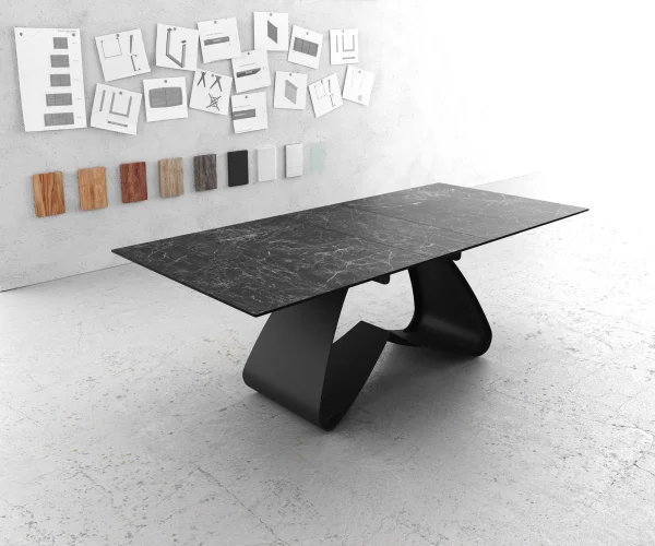 Table à manger Edge 180-220x90 céramique Laminam®Nero Greco gris cadre en W noir extensible
