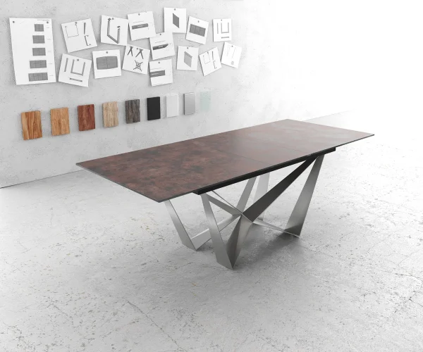 Table-à-manger Edge 180-220x90cm verre Antique-marron pieds milieu acier plat argent