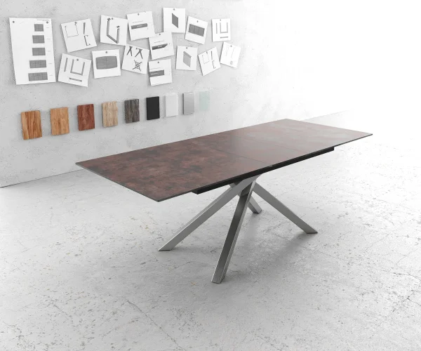Table-à-manger Edge 180-220x90cm verre Antique-marron pieds milieu croisé argent