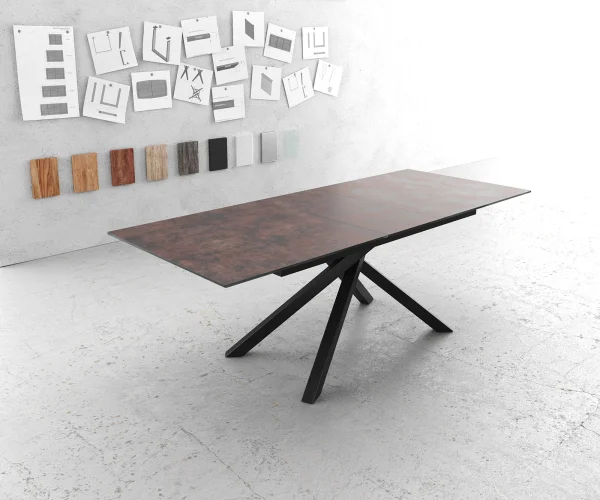 Table-à-manger Edge 180-220x90cm verre Antique-marron pieds milieu croisé noir