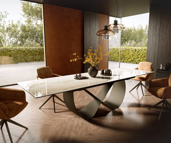 Table à manger Edge 200-300x100 céramique Laminam® Onice Oro Infinity métal effet finition titanee extensible