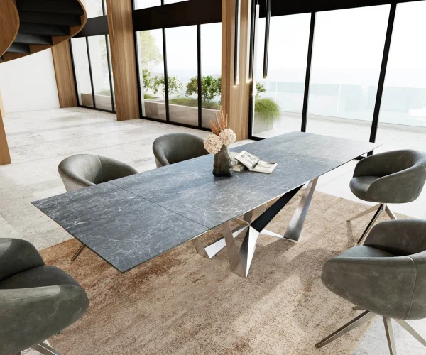 Table à manger Edge 200-300x100 céramique Laminam®Nero Greco gris Spider acier plat acier inoxydable extensible