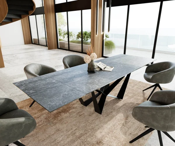 Table à manger Edge 200-300x100 céramique Laminam®Nero Greco gris Spider acier plat noir extensible