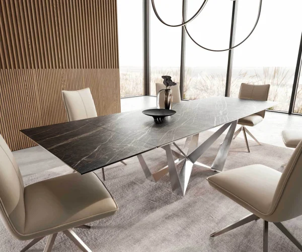 Table à manger Edge 200-300x100 céramique Laminam®Noir Desir marron Spider acier plat acier inoxydable extensible