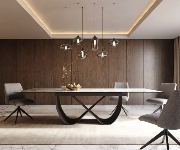 Table à manger Edge 200-300x100 cm Céramique Minas Melange Blanc-Beige Infinity Métal Noir extensible