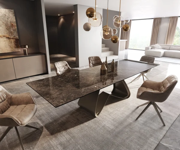 Table à manger Edge 200-300x100 Laminam® Emperador Extra Lucidato Marron foncé Cadre en W finition à effet Titane extensible