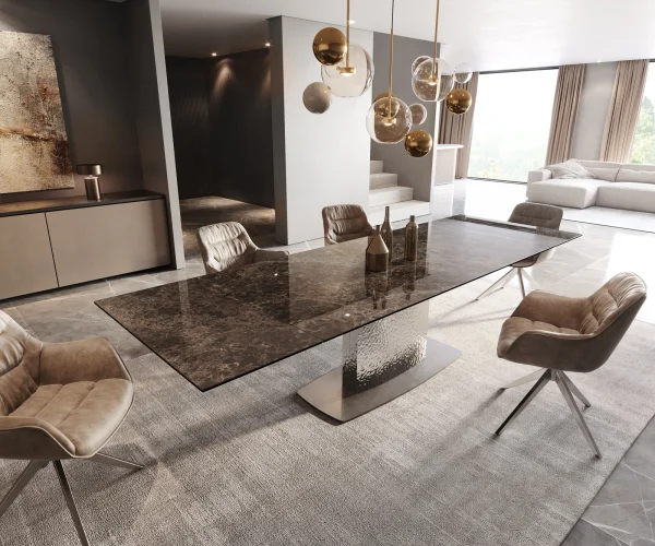 Table à manger Edge 200-300x100 Laminam® Emperador Extra Lucidato Marron foncé Wave Acier inoxydable extensible