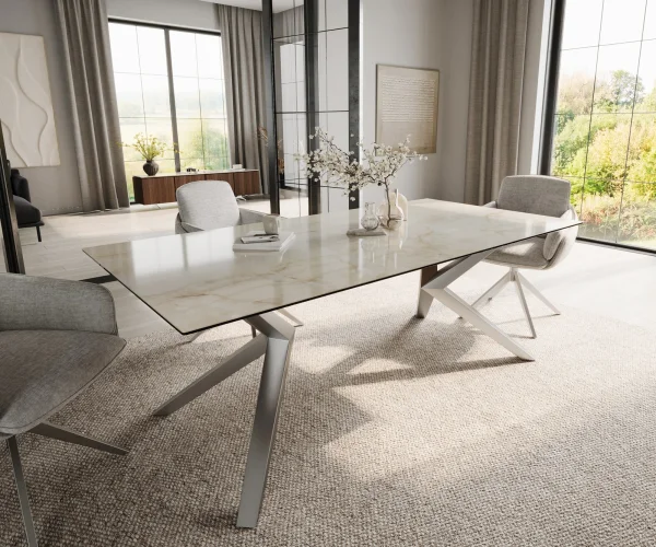 Table à manger Edge 200x100 céramique Laminam® Onice Oro ?Zenthara Angulaire acier inoxydable