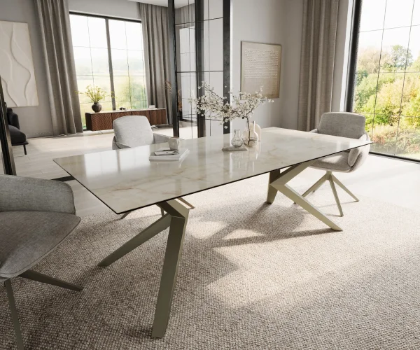 Table à manger Edge 200x100 céramique Laminam® Onice Oro ?Zenthara Angulaire métal effet finition titanee