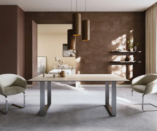 Table à manger Edge 200x100 céramique Laminam® Travertino Bianco crème-blanc acier inoxydable étroit