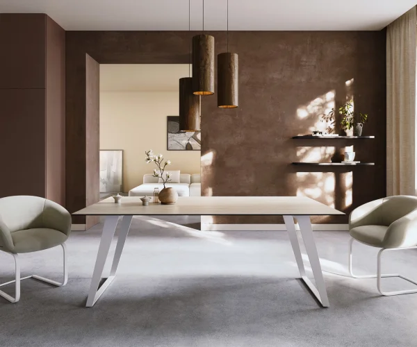 Table à manger Edge 200x100 céramique Laminam® Travertino Bianco crème-blanc métal incliné blanc