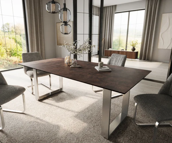 Table à manger Edge 200x100 verre antique-brun acier inoxydable Étroite