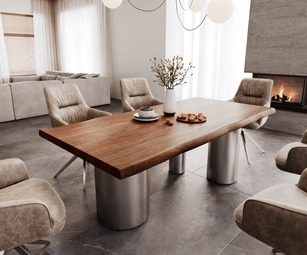 Table à manger Edge 200x100 XL acacia marron Troa acier inoxydable brossé Live-Edge