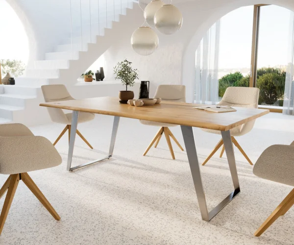 Table à manger Edge 200x100x2,5 chêne nature acier inoxydable inclinée Live-Edge