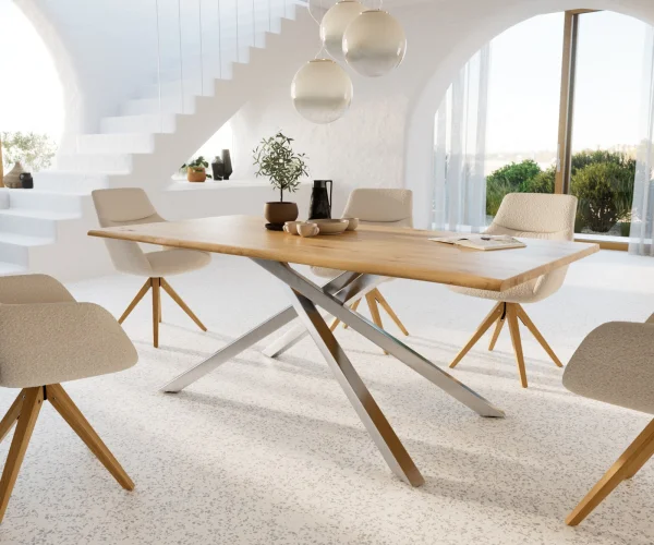 Table à manger Edge 200x100x2,5 chêne nature cadre croisé rectangle acier inoxydable Live-Edge