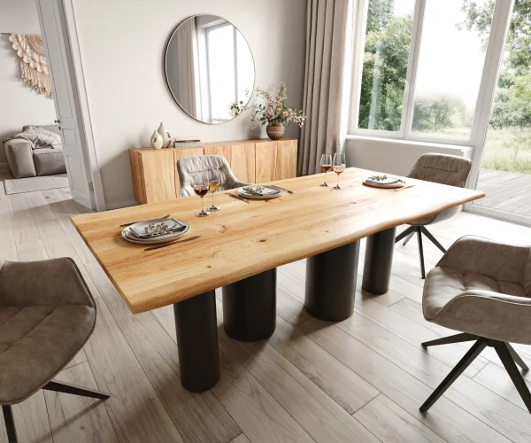 Table à manger Edge 200x100x2,5 chêne naturee Pilier métal noir Live-Edge
