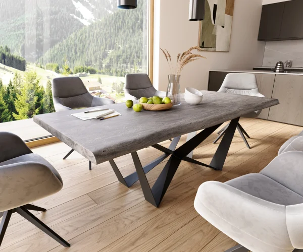 Table à manger Edge 220x100 XL acacia platine Spider acier plat noir Live-Edge