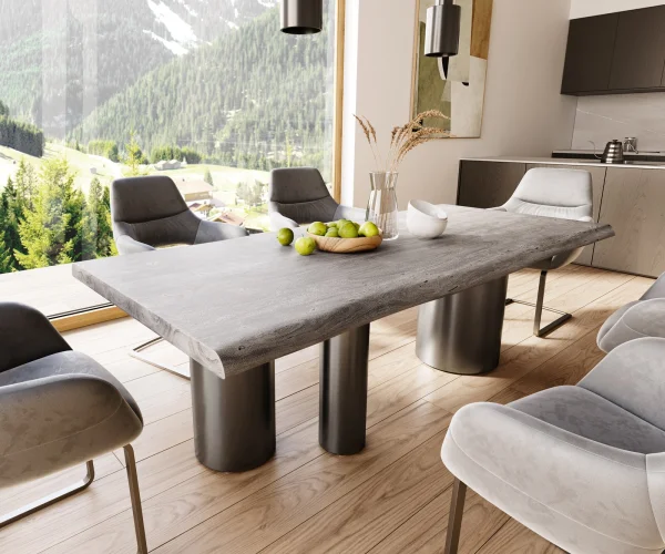 Table à manger Edge 220x100 XL Acacia Platine Troa Acier inoxydable Graphite Live-Edge