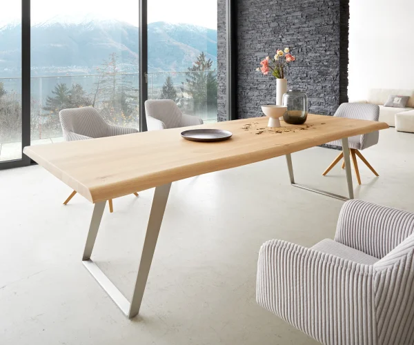 Table à manger Edge 260x100 chêne nature acier inoxydable inclinée Live-Edge