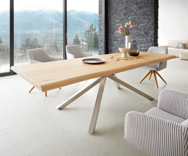 Table à manger Edge 260x100 chêne nature cadre croisé rectangle acier inoxydable Live-Edge