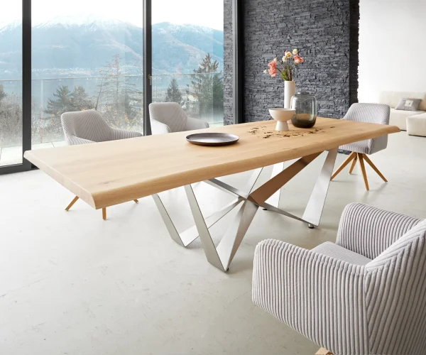 Table à manger Edge 260x100 chêne nature Spider acier plat acier inoxydable Live-Edge