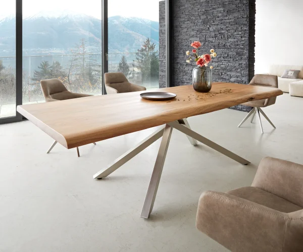 Table à manger Edge 260x100 XL acacia nature cadre croisé rectangle acier inoxydable Live-Edge