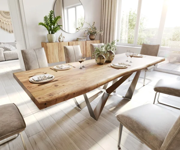 Table à manger Edge 260x100 XL acacia nature Spider acier plat acier inoxydable Live-Edge