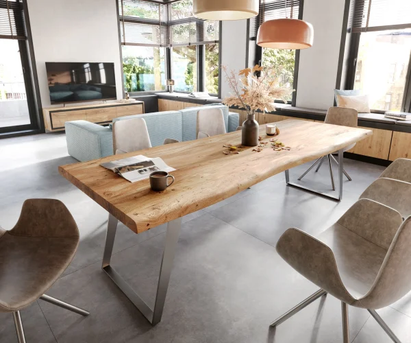 Table-à-manger Edge 260x100cm XL acacia nature acier inoxydable argent incliné Live-Edge