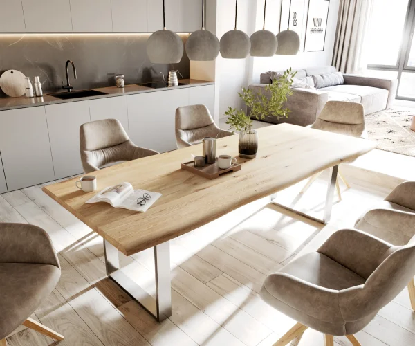 Table-à-manger Edge 260x100x2,5 chêne nature acier inoxydable mince Live-Edge