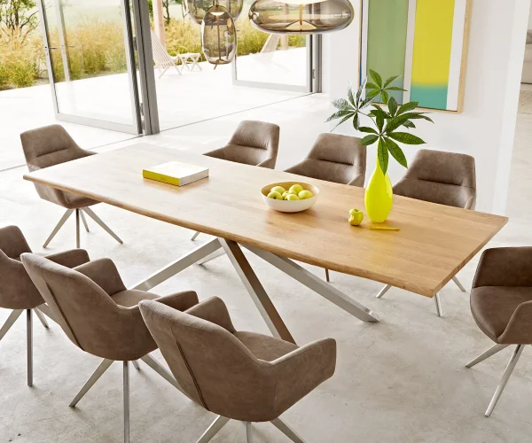 Table à manger Edge 260x100x2,5 chêne nature cadre croisé rectangle acier inoxydable Live-Edge