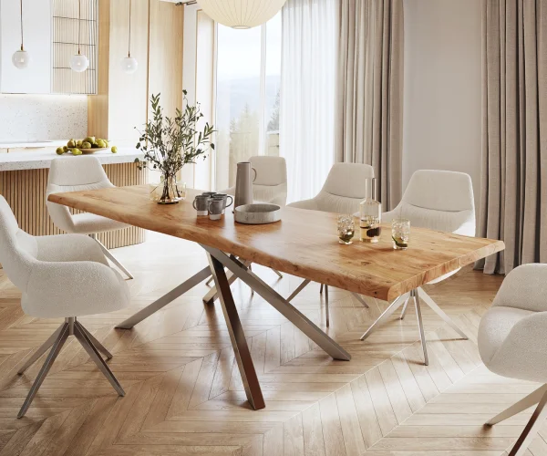 Table à manger Edge 280x100 XL acacia nature cadre croisé rectangle acier inoxydable Live-Edge