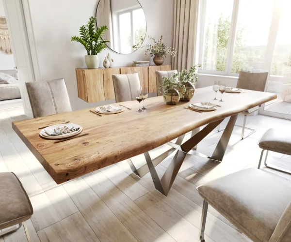 Table à manger Edge 280x100 XL acacia nature Spider acier plat acier inoxydable Live-Edge