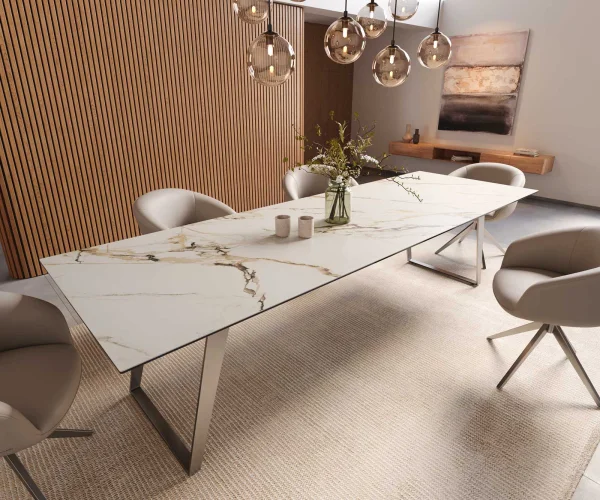 Table à manger Edge 300x100 céramique Calacatta Luxe blanc-doré-gris acier inoxydable incliné