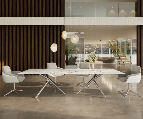 Table à manger Edge 300x100 Céramique Calacatta Luxe Blanc-Doré-Gris Estelar rond Acier inoxydable