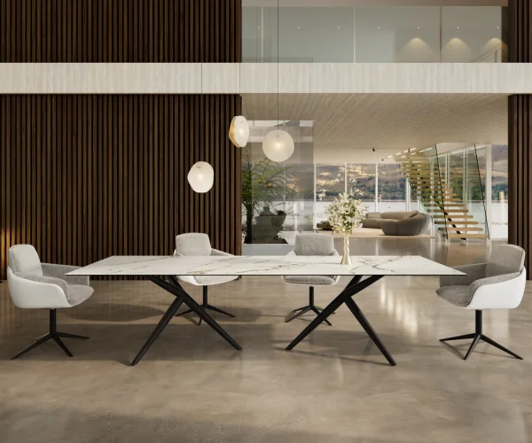 Table à manger Edge 300x100 Céramique Calacatta Luxe Blanc-Doré-Gris Estelar rond Métal Noir