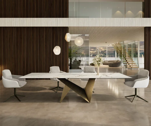 Table à manger Edge 300x100 céramique Calacatta Luxe blanc-doré-gris Origami métallique doré