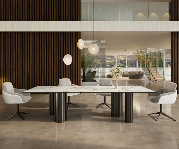Table à manger Edge 300x100 Céramique Calacatta Luxe Blanc-Doré-Gris Pilier Acier inoxydable Graphite