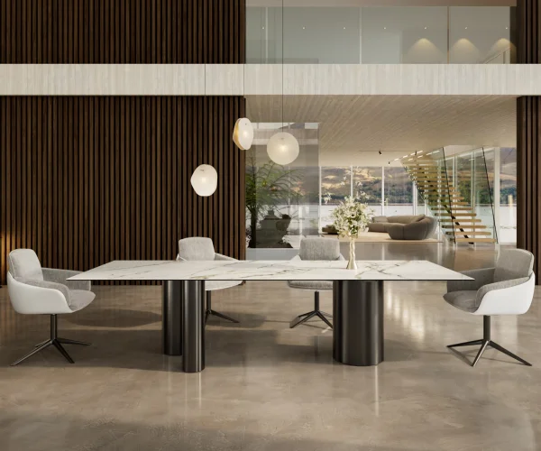 Table à manger Edge 300x100 Céramique Calacatta Luxe Blanc-Doré-Gris Troa Acier inoxydable Graphite