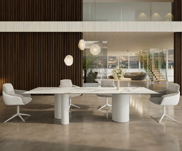 Table à manger Edge 300x100 Céramique Calacatta Luxe Blanc-Doré-Gris Troa Métal Blanc